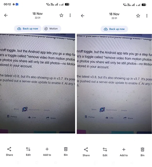La bascule de mouvement disparaît après avoir été désactivée depuis l'application Appareil photo dans Andrfoid,