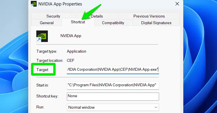 Champ cible du fichier LNK indiquant l'emplacement de l'application Nvidia