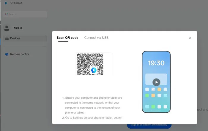 O Connect File Transfer Windows Scanner le code Qr