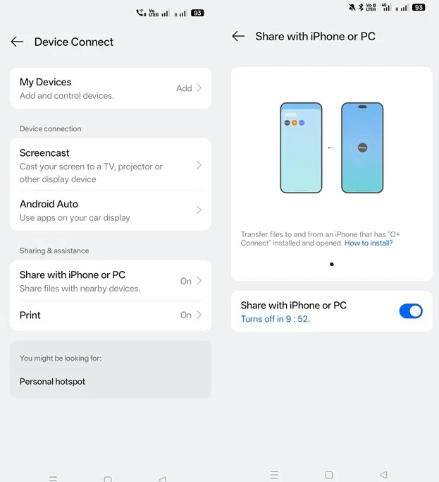 Partagez avec un iPhone ou un PC activé sur l'appareil Oppo pour O+ Connect.