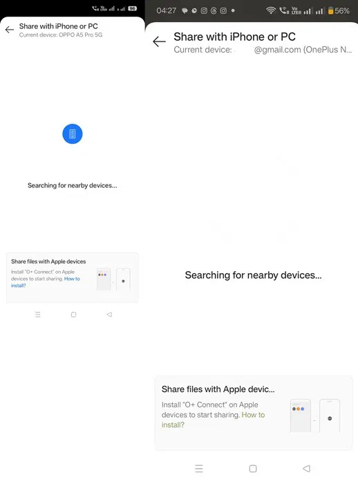 Options activées pour le partage via O+ Connect pour les appareils Oppo et OnePlus.