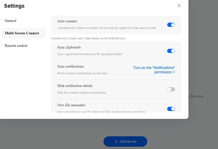 Paramètres de l'appareil Windows pour O+ Connect, y compris Auto Connect.