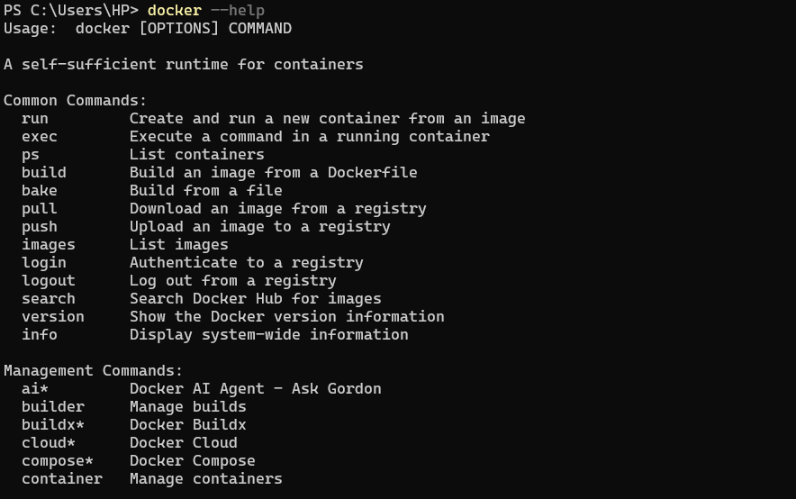 Voir toutes les commandes Docker disponibles