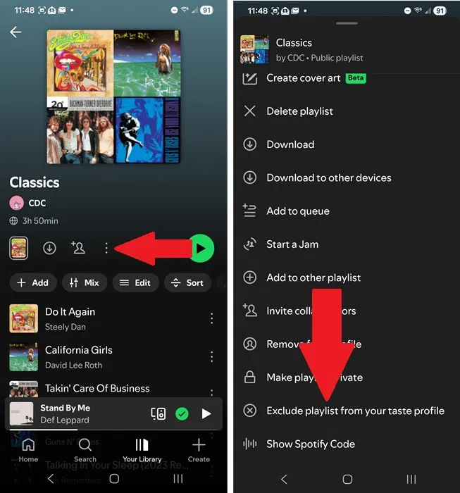 Exclure une playlist de votre profil de goût.