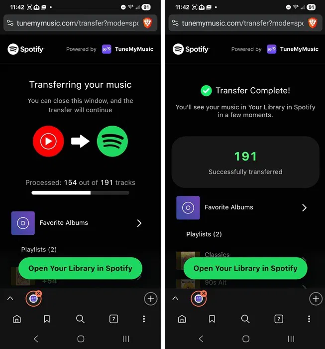 Transfert en cours et transfert terminé dans Spotify TuneMyMusic.