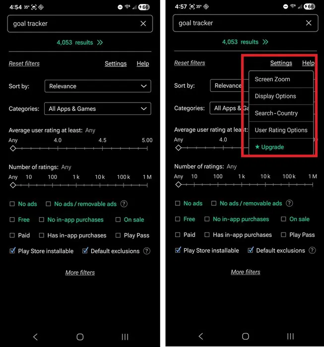 Affichage de l’écran principal et des paramètres de App Finder.