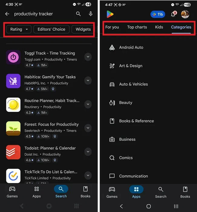 Utilisation des filtres Google Play Store.