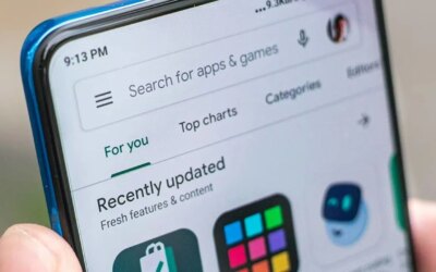 Android phone with Google Play Store home page.