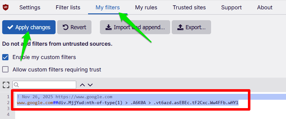 Suppression du filtre dans uBlock Origin