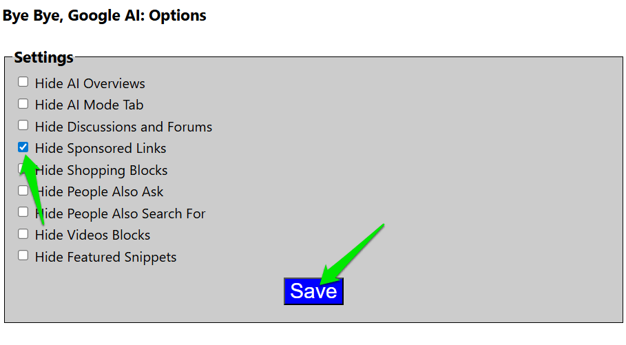 Bloquer les liens sponsorisés dans Bye Bye Google AI