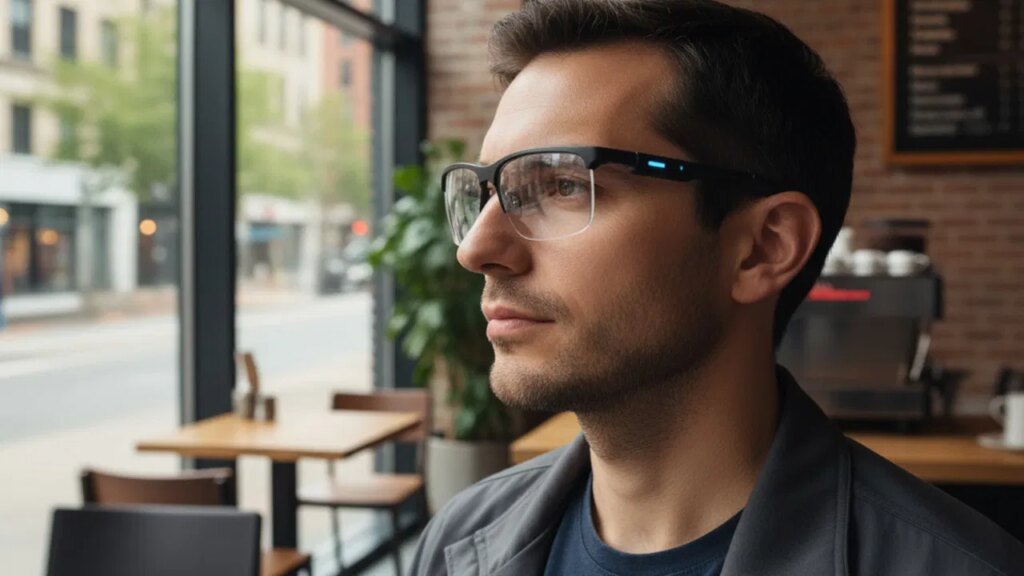 A man indoor wearing smart glasses and looking to the side