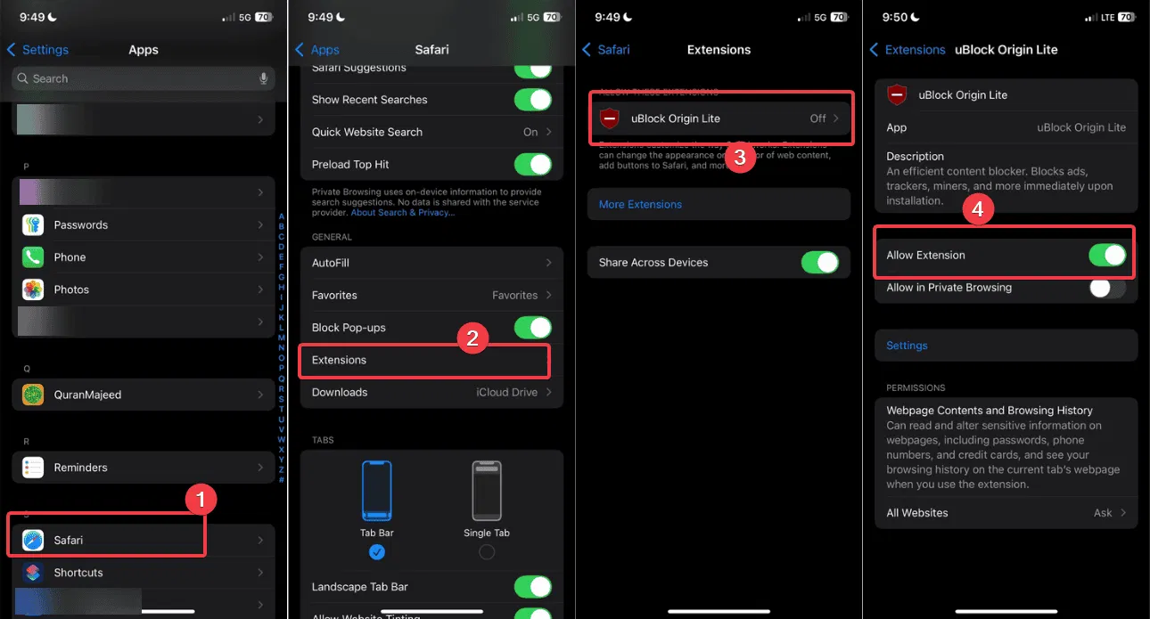 Autoriser Ublock Origin Lite dans les paramètres Safari