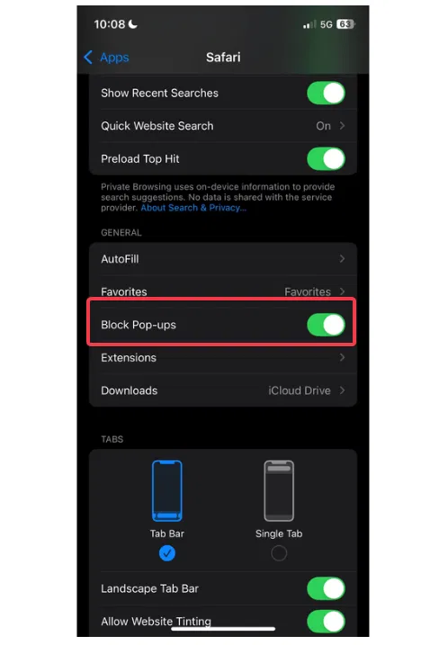 Bloquer les paramètres de Safari des fenêtres contextuelles