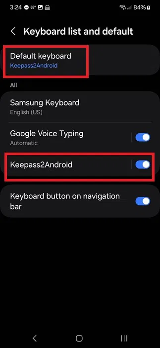 Sélection de Keepass2Android comme clavier par défaut.