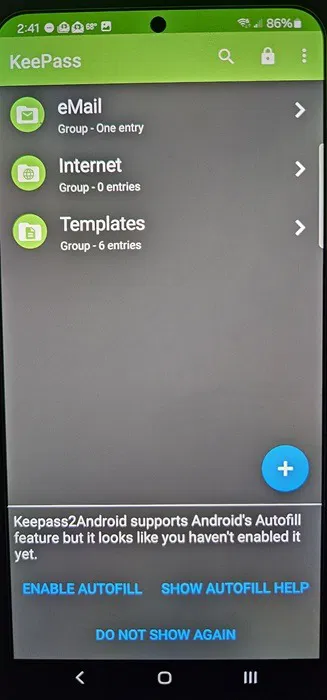 Activation du mot de passe de saisie automatique dans Android dans Keepass2Android.