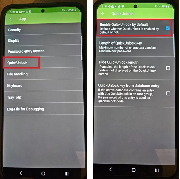 Activer QuickUnlock dans Keepass2Android.