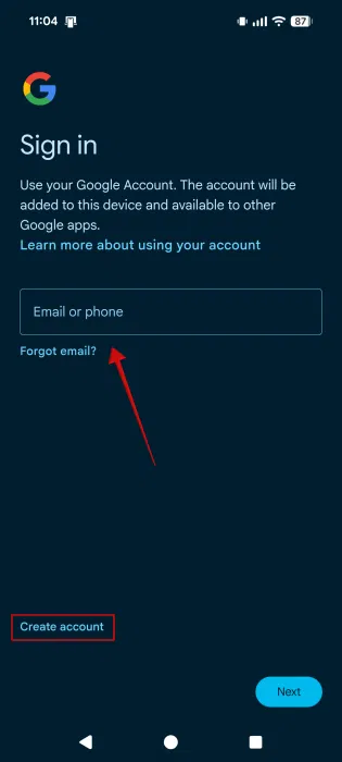 Connexion avec un nouveau compte Google sur un appareil Android. 