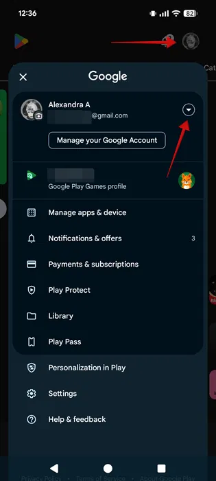 Appuyez sur l'icône en forme de flèche dans l'application Google Play Store sur Android pour ajouter un nouveau compte Google.