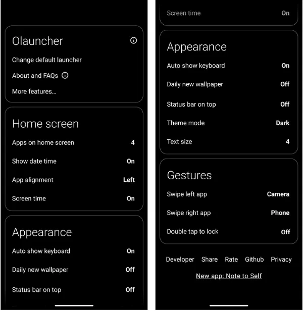 Paramètres du lanceur Olauncher
