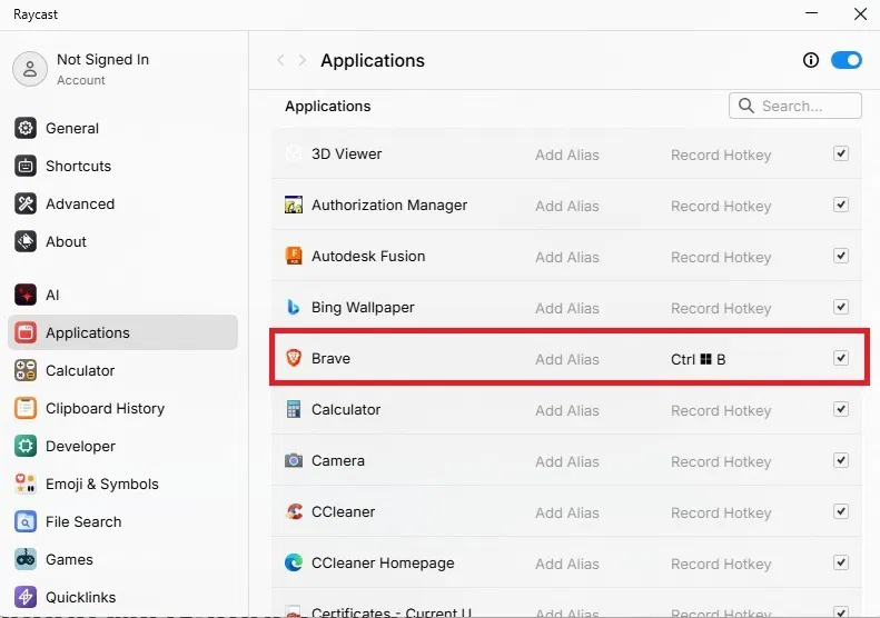 Définition des raccourcis d'application dans Raycast.