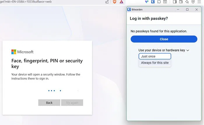 Exceptions de clé d'accès pour BitWarden lors de la tentative de connexion à un compte Microsoft.