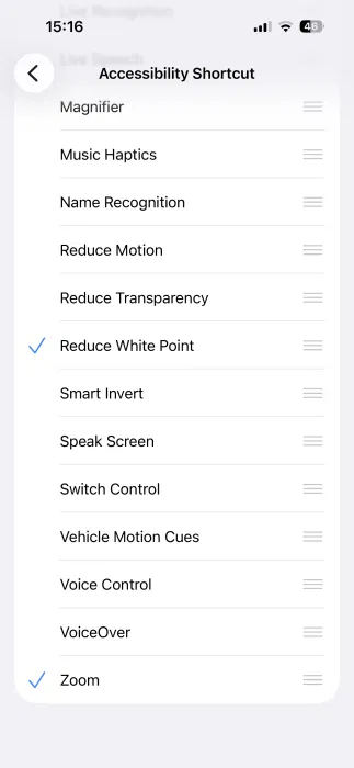 Deux options définies pour le raccourci d'accessibilité sur iPhone.
