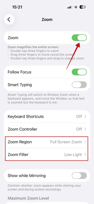 Aller à des options de zoom iPhone à luminosité inférieure