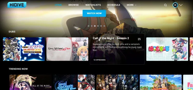 Vue de la première page du site Web HiDive présentant les options d'anime.