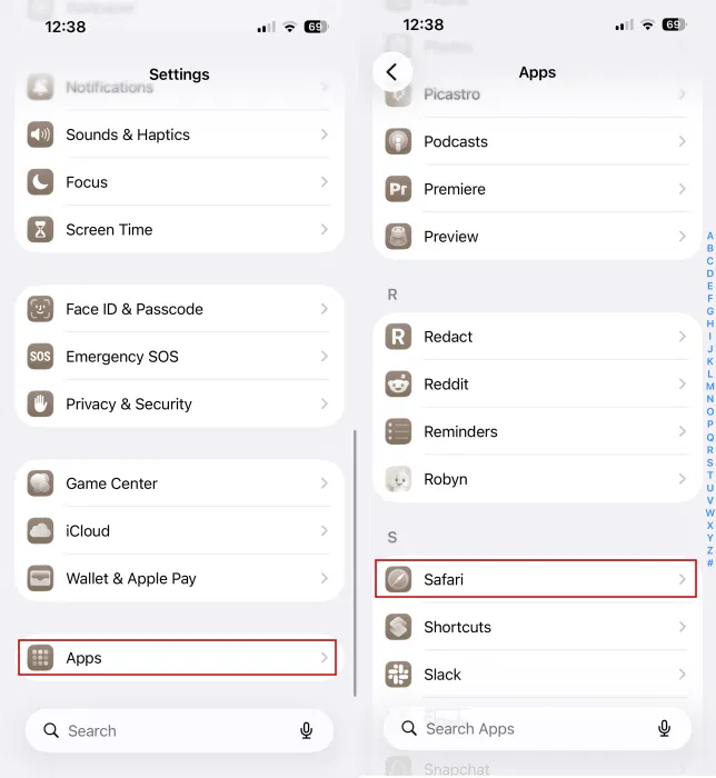 Accédez à Safari dans les paramètres de l'iPhone. s