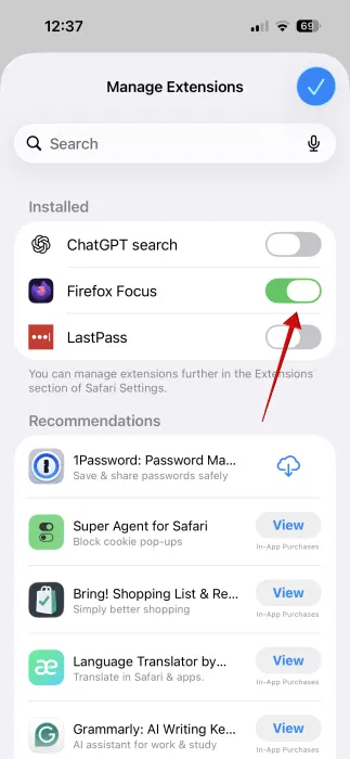 Activer l'extension Firefox Focus à partir des paramètres Safari.