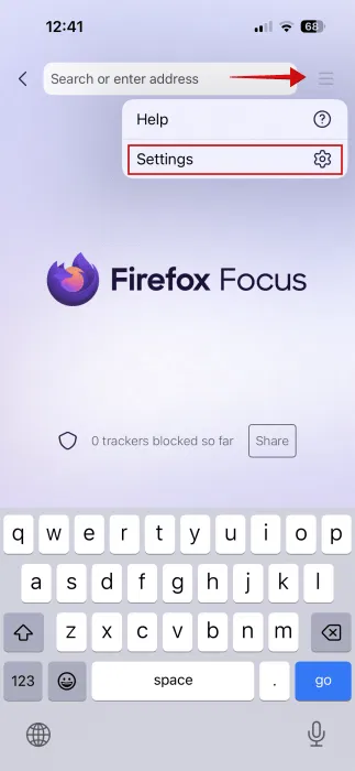 Sélection des paramètres dans Firefox Focus.