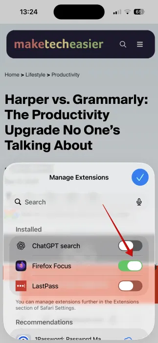 Désactivation de Firefox Focus dans Safari sur iPhone.