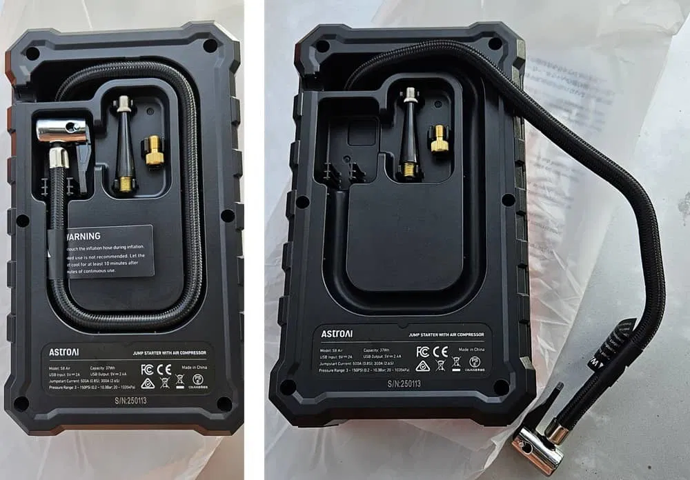 Rangement pour tuyau d'air et buses.