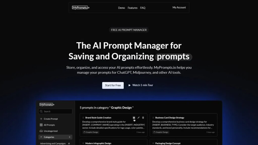 MyPrompts homepage to sign up to store AI prompts.