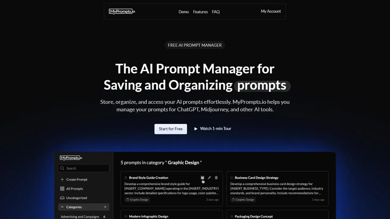 MyPrompts homepage to sign up to store AI prompts.
