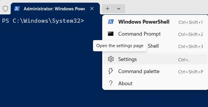 Ouvrez la page Paramètres dans la fenêtre Windows Terminal PowerShell.