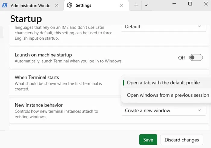 Modification du comportement du Terminal au démarrage, qu'il s'agisse d'un nouvel onglet ou d'une session précédente.