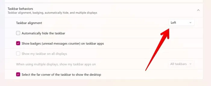 Alignement de la barre des tâches Windows 11