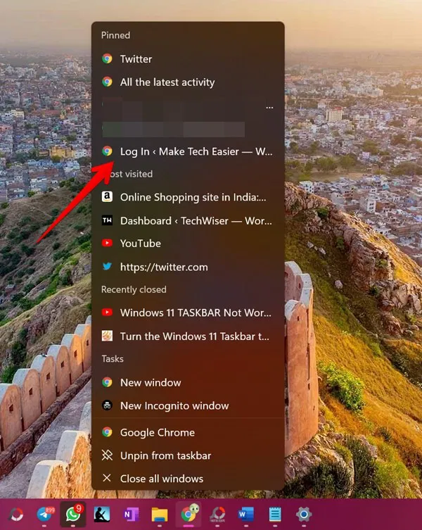 Menu du navigateur de pages Web épinglé dans la barre des tâches de Windows 11