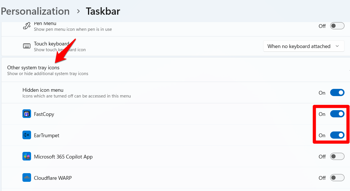 Afficher les icônes de la barre d'état dans les paramètres de la barre des tâches