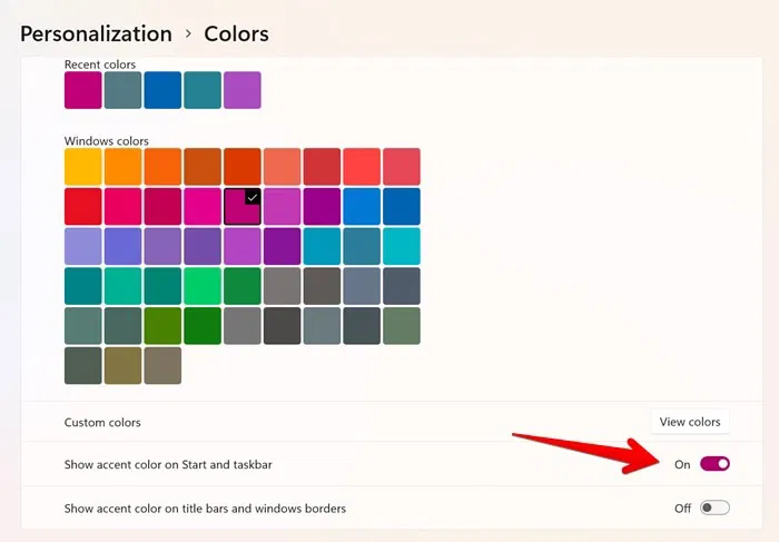 Accent de couleur de la barre des tâches Windows 11