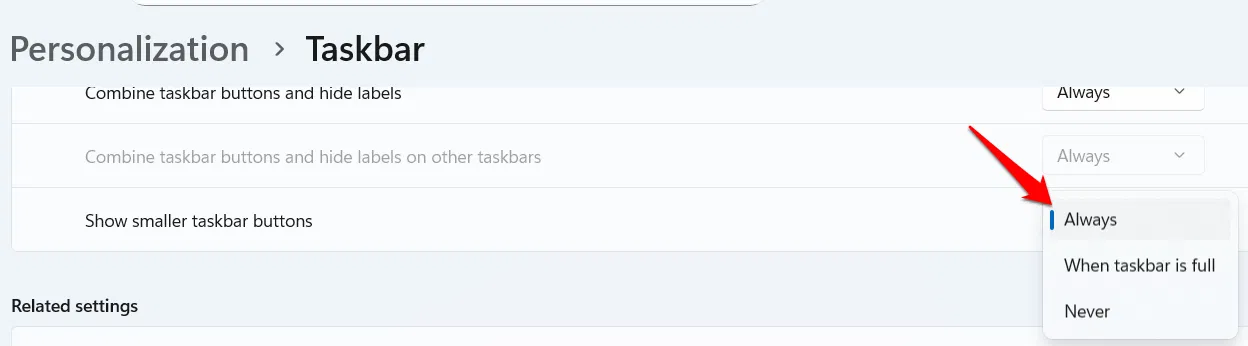 activation de boutons de barre des tâches plus petits dans les paramètres de la barre des tâches