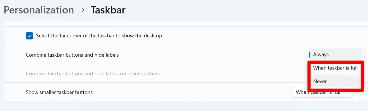 Option de dissociation des boutons de la barre des tâches