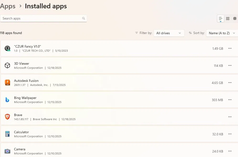 Affichage des applications installées.