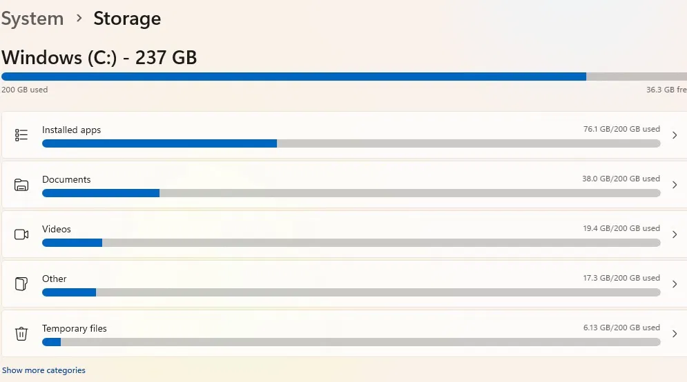 Affichage du stockage sous Windows.