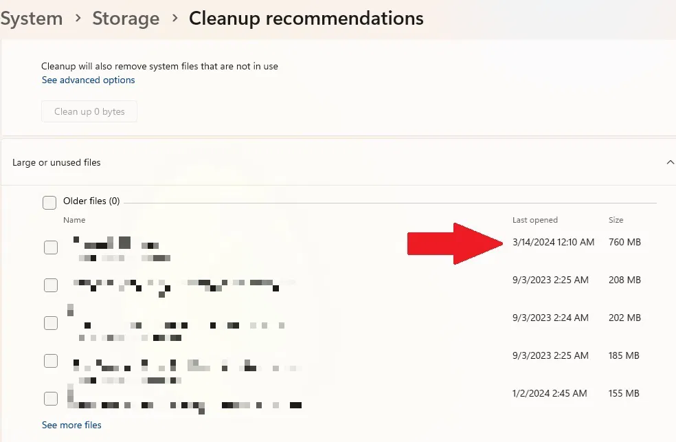Affichage des fichiers volumineux à supprimer.
