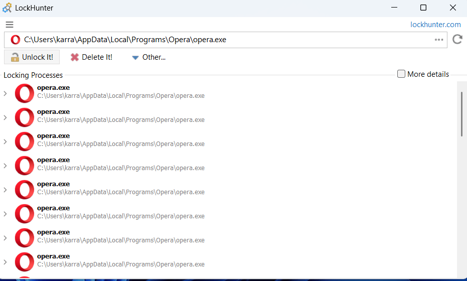 LockHunter montrant le fichier de verrouillage des processus Opera