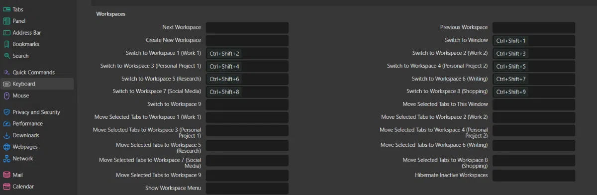 Raccourcis clavier de l'espace de travail dans les paramètres de Vivaldi