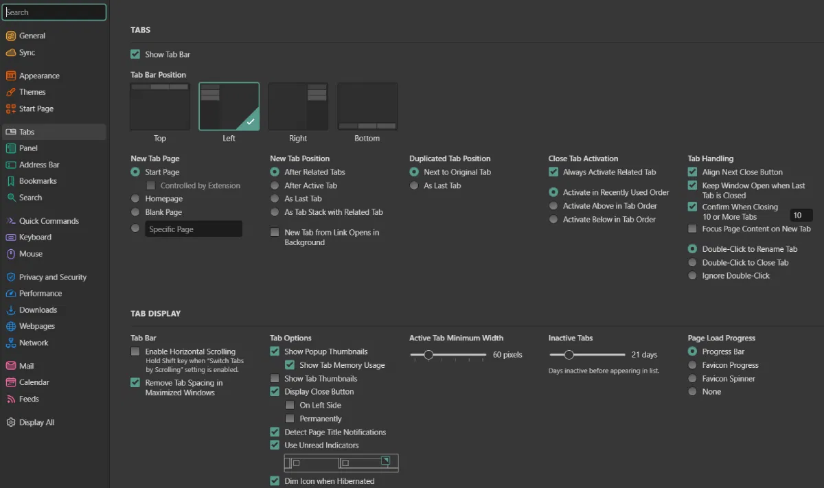 Paramètres de gestion des onglets dans les paramètres Vivaldi