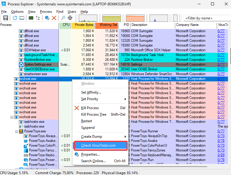 Process Explorer effectue une analyse Virustotal
